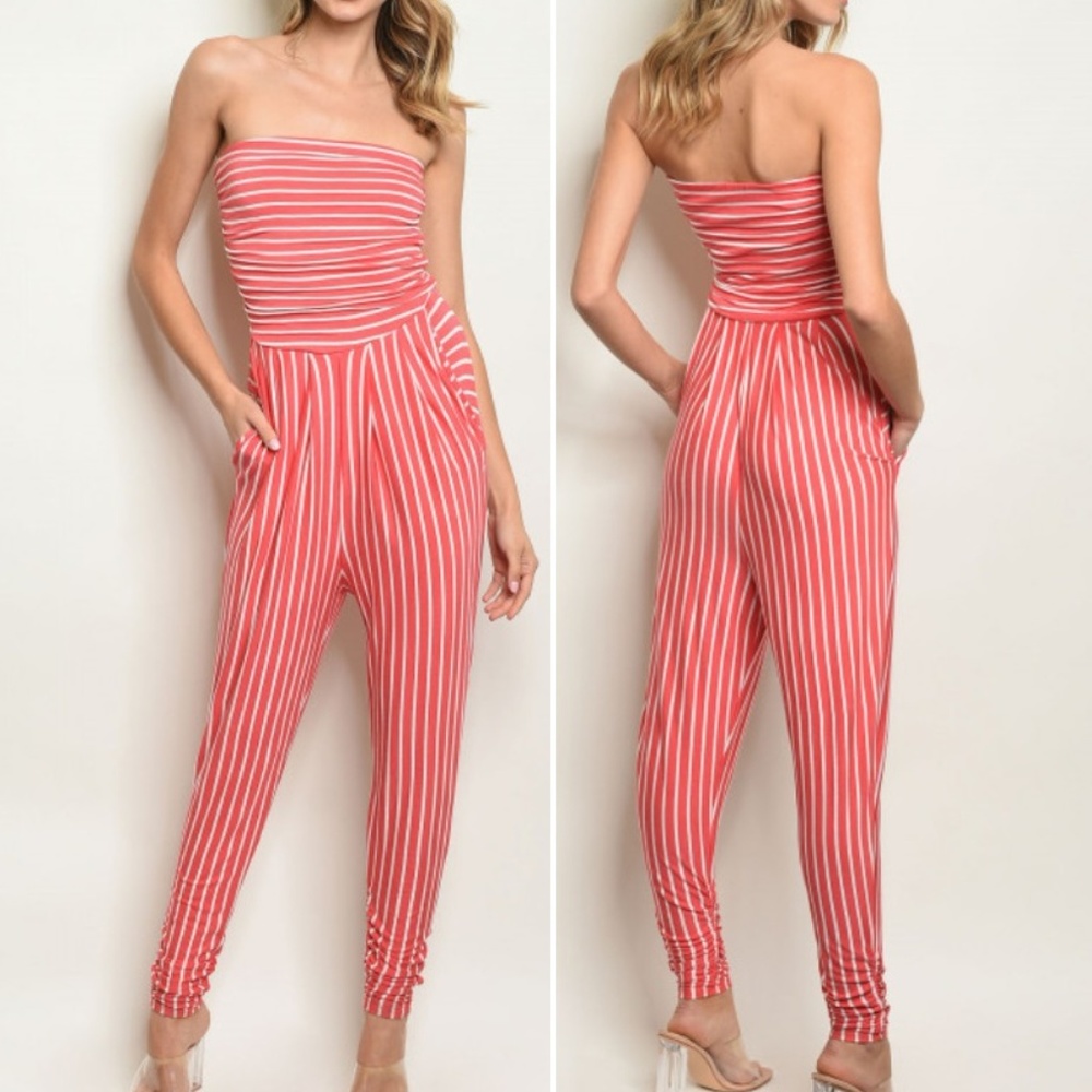 LAST 1 SIZE LARGE! CORAL STRIPE JUMPSUIT - Picture 2 of 8